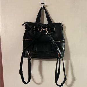 Madison West Black Faux Leather Material Shoulder Backpack with Gold Hardware
